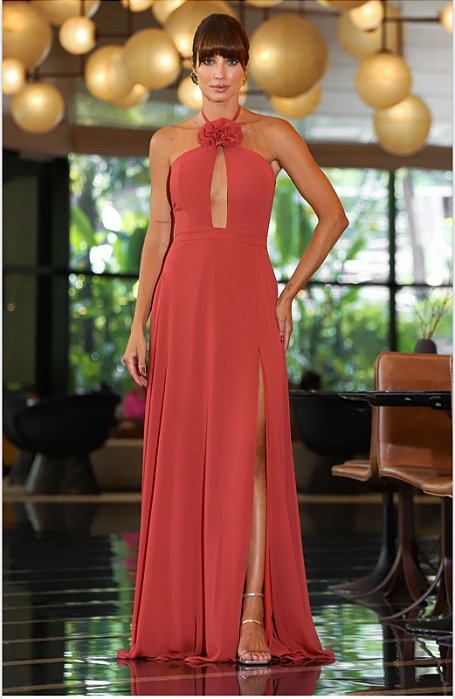 VESTIDO LONGO CREPE DE SEDA DETALHE FLOR BUSTO VAZADO TERRA COTA PR