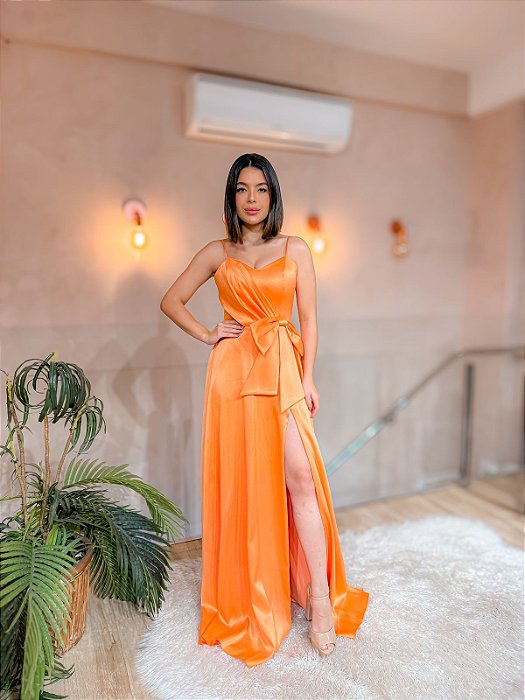 VESTIDO LONGO ZIBELINE ALÇA FINA DETALHE LAÇO CINTURA FENDA LATERAL CORAL