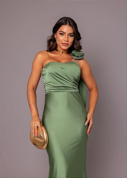 VESTIDO LONGO ESTILO SEREIA UM OMBRO SO DETALHE TULE C/FLOR VERDE OLIVA