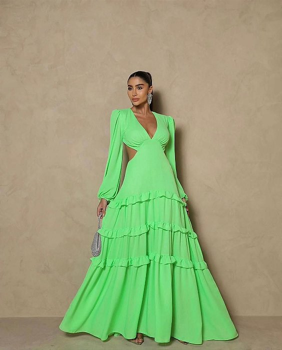 VESTIDO LONGO CREPE DE SEDA MANGA LONGA CINTURA E COSTAS VAZADA SAIA EM CAMADAS VERDE LIMA MB