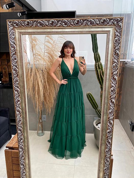 VESTIDO LONGO MICROTULE SAIA COM DETALHE DE BABADOS TRANÇA CINTURA VERDE ESMERALDA