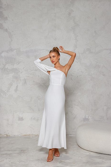 VESTIDO NEW MIDI UM OMBRO SO MANGA BUFANTE COSTAS EM AMARRAÇÃO BRANCO