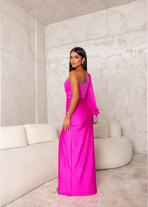 VESTIDO LONGO JERSEY UM OMBRO SÓ MANGA LONGA VAZADA DETALHE BUSTO FENDA LATERAL PINK