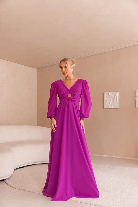 VESTIDO LONGO CREPE DE SEDA M/L VAZADO BUSTO DECOTE COSTAS EM V FUCSIA