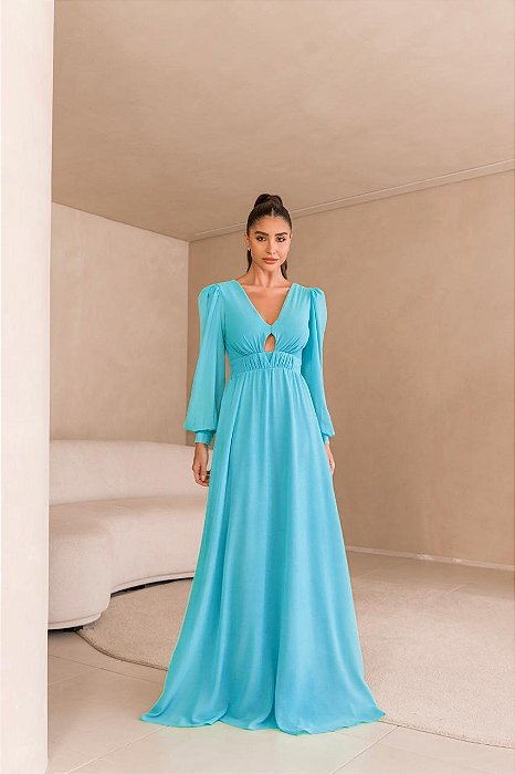 VESTIDO LONGO CREPE DE SEDA M/L VAZADO BUSTO DECOTE COSTAS EM V AZUL TIFFANY