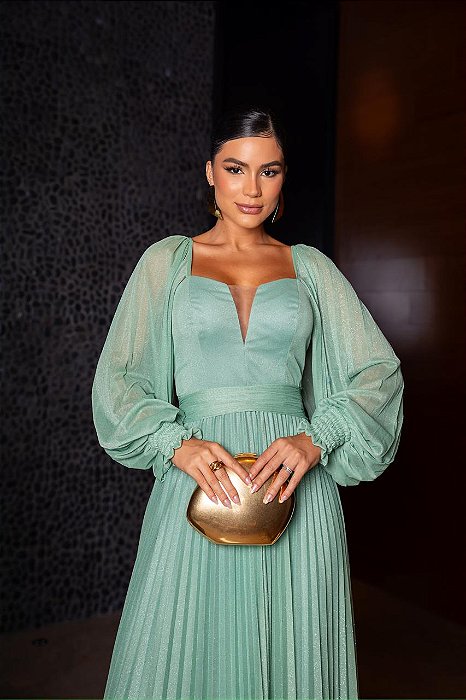 VESTIDO LONGO MICROTULE C/GLITTER MANGA LONGA SAIA PLISSADA DECOTE EM TULE VERDE MENTA
