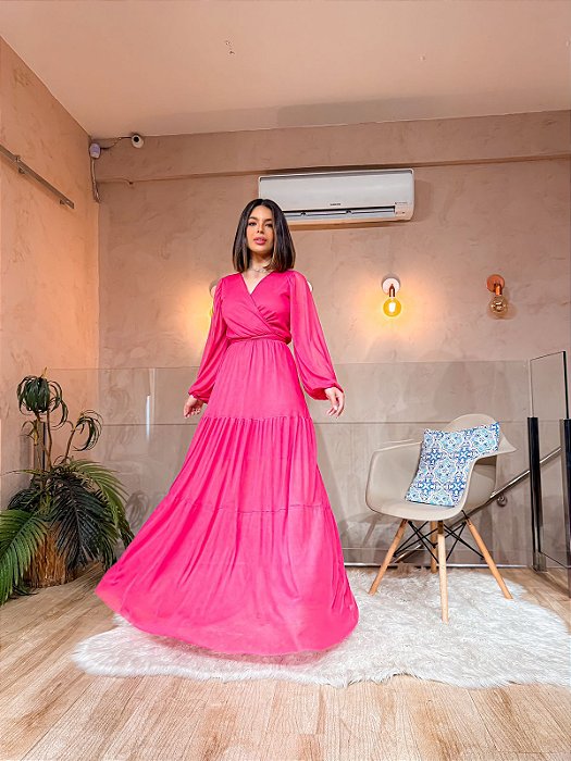 VESTIDO LONGO MICROTULE MANGA LONGA DECOTE TRANSPASSADO COM CINTO EM AMARRAÇÃO PINK