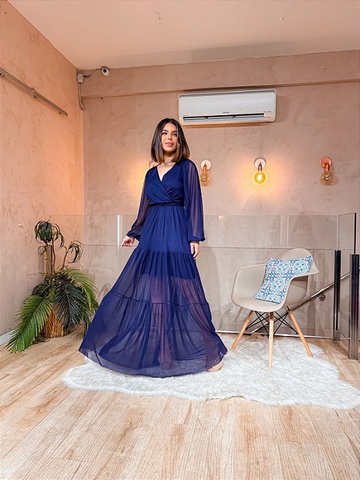 VESTIDO LONGO MICROTULE MANGA LONGA DECOTE TRANSPASSADO COM CINTO EM AMARRAÇÃO AZUL MARINHO