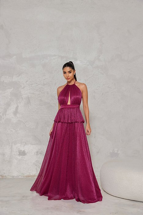 VESTIDO LONGO LUREX FRENTE UNICA COM DECOTE ALONGADO DETALHE DE BABADO FUCSIA DOT