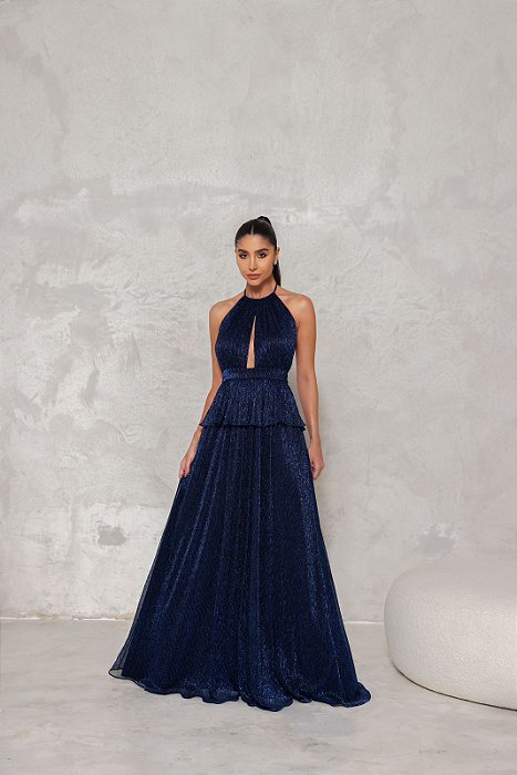 VESTIDO LONGO LUREX FRENTE UNICA COM DECOTE ALONGADO DETALHE DE BABADO AZUL MARINHO DOT
