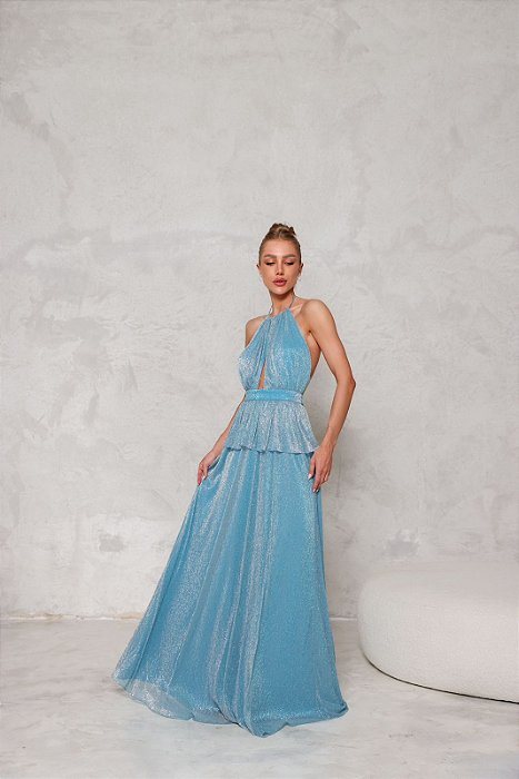 VESTIDO LONGO LUREX FRENTE UNICA COM DECOTE ALONGADO DETALHE DE BABADO AZUL SERENITY DOT