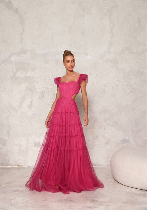 VESTIDO LONGO ESTILO CORPET COM ABERTURA NAS LATERAIS SAIA EM CAMADAS PINK