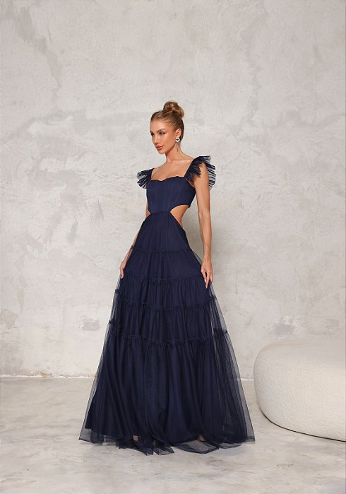 VESTIDO LONGO ESTILO CORPET COM ABERTURA NAS LATERAIS SAIA EM CAMADAS AZUL MARINHO