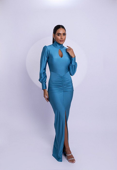 VESTIDO JERSEY LONGO GOLA ALTA M/L DECOTE GOTA FRENTE AZUL COBALTO