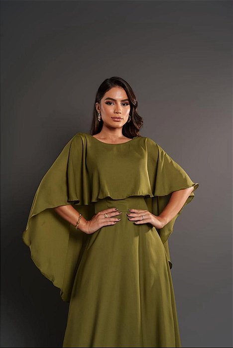 VESTIDO LONGO CREPE MANGA CAPA VERDE OLIVA
