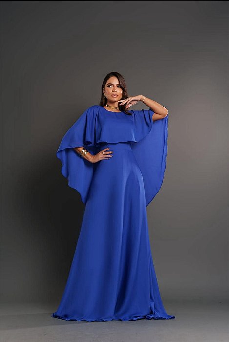 VESTIDO LONGO CREPE MANGA CAPA AZUL ROYAL
