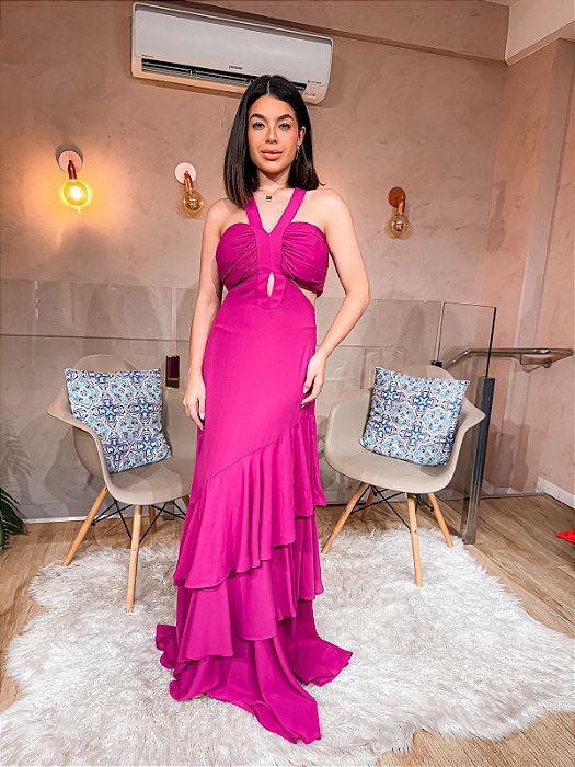VESTIDO LONGO CREPE DE SEDA FRENTE UNICA COM RECORTE NAS LATERAIS SAIA COM BABADOS FUCSIA
