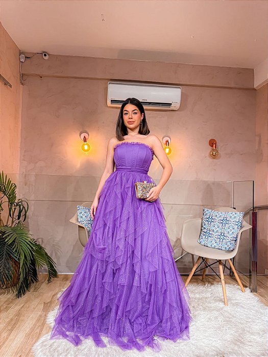 VESTIDO LONGO MICROTULE COM GLITTER TOMARA QUE CAIA SAIA COM BABADOS ASSIMÉTRICOS LILÁS