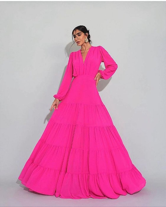 VESTIDO LONGO CREPE DE SEDA DECOTE V MANGA LONGA SAIA COM BABADO PINK MB