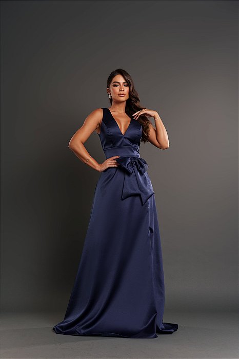 VESTIDO LONGO ZIBELINE ALÇA LARGA DETALHE LAÇO DECOTE V  FENDA LATERAL AZUL MARINHO