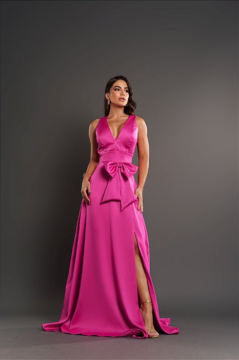 VESTIDO LONGO ZIBELINE ALÇA LARGA DETALHE LAÇO DECOTE V FENDA LATERAL PINK