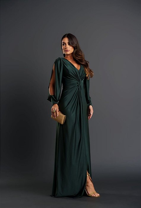 VESTIDO LONGO PRADA C/ELASTANO ML VAZADA DETALHE DRAPEADO BUSTO FENDA LATERAL VERDE ESMERALDA