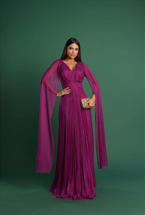 VESTIDO LONGO MICROTULE COM GLITTER MANGA CAPA SAIA PLISSADA FUCSIA