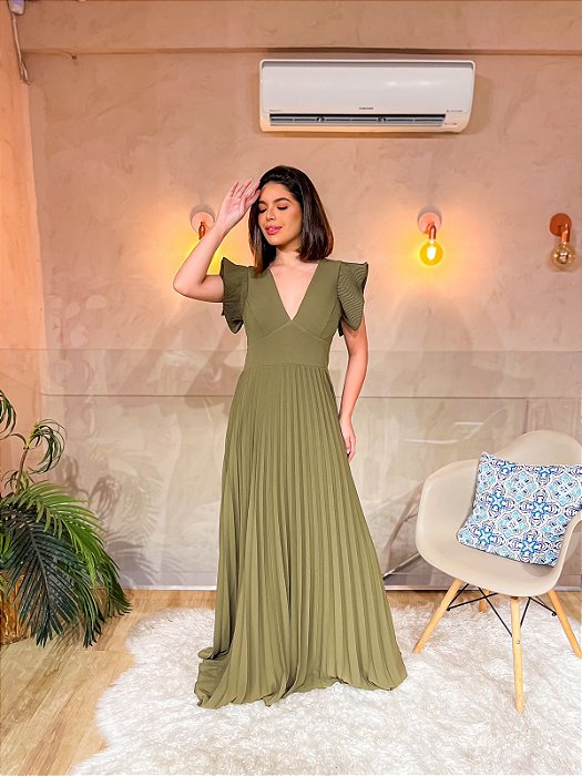 VESTIDO LONGO CREPE SAIA E MANGUINHA PLISSADA DECOTE EM V VERDE MILITAR