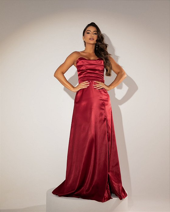 VESTIDO LONGO ZIBELINE TOMARA QUE CAIA ESTILO CORSET DRAPEADO BUSTO FENDA LATERAL MARSALA