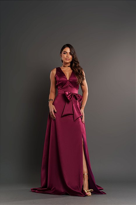 VESTIDO LONGO ZIBELINE ALÇA LARGA DETALHE LAÇO DECOTE V FENDA LATERAL MARSALA