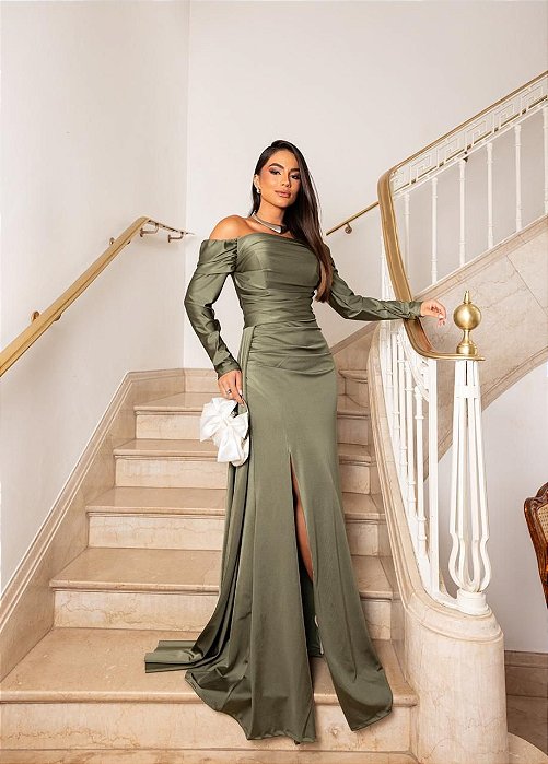VESTIDO LONGO PRADA COM ELASTANO OMBRO A OMBRO DE MANHA LONGA FENDA LATERAL VERDE OLIVA