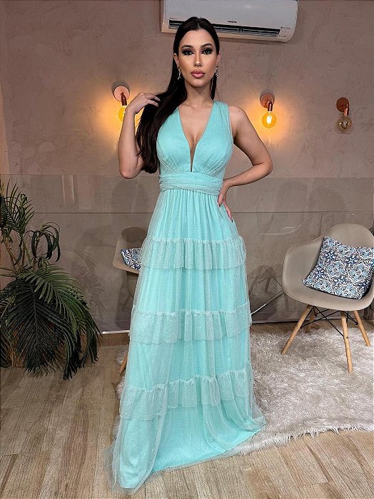 VESTIDO LONGO MICROTULE COM GLITTER DECOTE V C/TULE SAIA EM CAMADAS VERDE MENTA CA