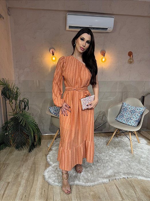 VESTIDO NEW MIDI UM OMBRO SÓ MANGA LONGA COM FAIXA DE AMARRAÇÃO CORAL