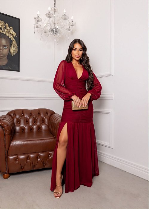 VESTIDO LONGO MICROTULE MANGA LONGA DRAPEADO SAIA ESTILO SEREIA MARSALA