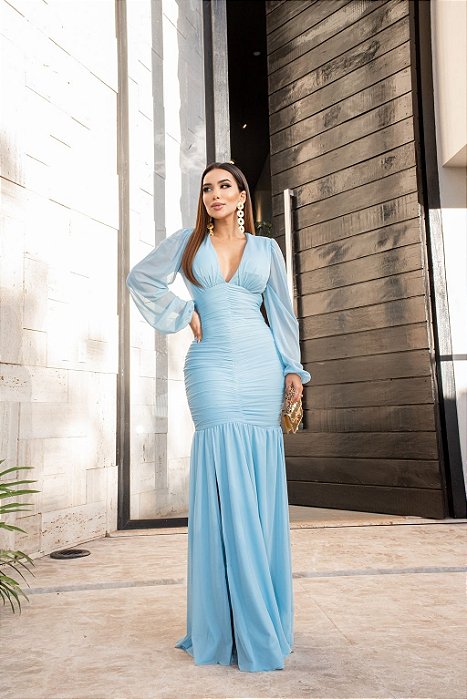 VESTIDO LONGO MICROTULE MANGA LONGA DRAPEADO SAIA ESTILO SEREIA AZUL SERENITY