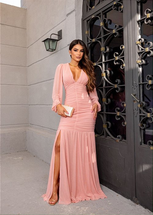VESTIDO LONGO MICROTULE MANGA LONGA DRAPEADO SAIA ESTILO SEREIA ROSÊ