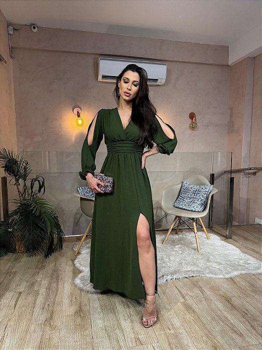 VESTIDO LONGO CREPE COM ELASTANO M/L DECOTE V FENDA LATERAL VERDE MUSGO