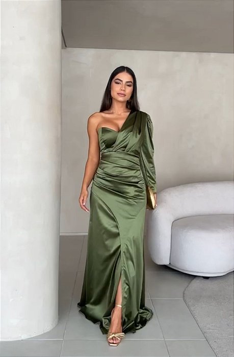 VESTIDO LONGO CETIM COM ELASTANO UM OMBRO SÓ MANGA LONGA FENDA VERDE OLIVA