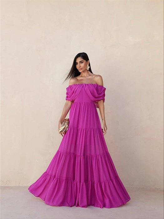 VESTIDO LONGO CREPE DE SEDA OMBRO A OMBRO COM CAMADAS FUCSIA MB
