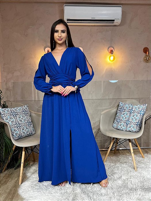 VESTIDO LONGO CREPE COM ELASTANO M/L DECOTE V FENDA LATERAL AZUL ROYAL