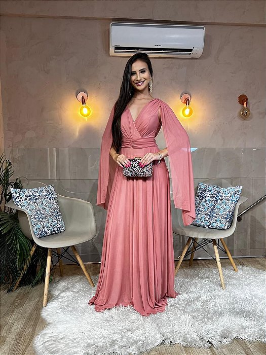 VESTIDO LONGO MICROTULE MANGA CAPA DECOTE TRANSPASSADO ROSA CANELA CA