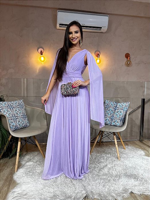 VESTIDO LONGO MICROTULE MANGA CAPA DECOTE TRANSPASSADO LILÁS