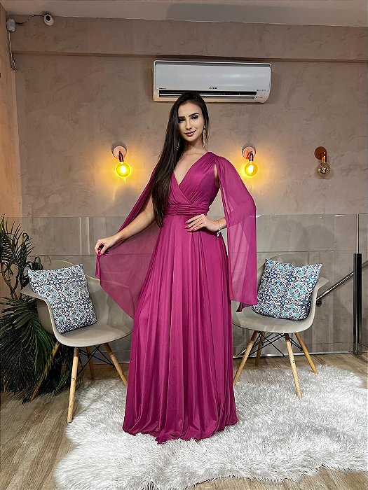 VESTIDO LONGO MICROTULE MANGA CAPA DECOTE TRANSPASSADO FUCSIA