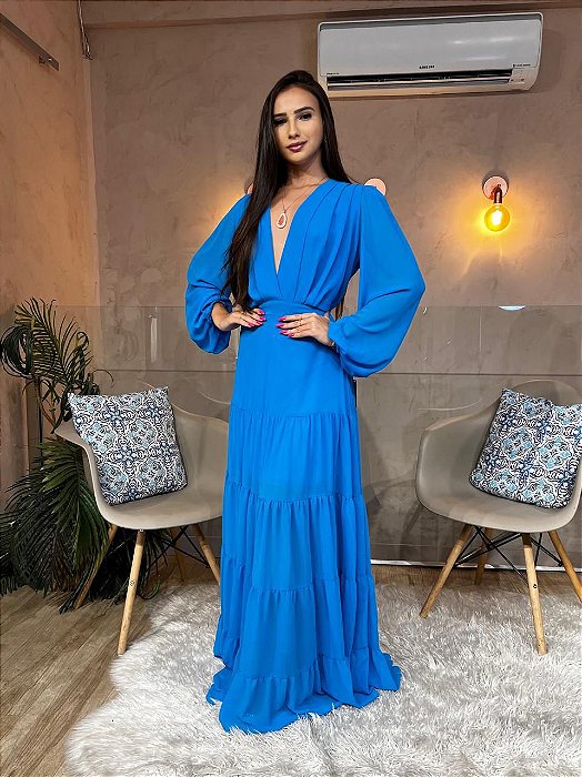 VESTIDO LONGO CREPE DE SEDA DECOTE V MANGA LONGA SAIA COM BABADO AZUL ROYAL MB