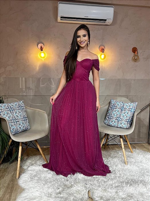 VESTIDO LONGO MICROTULE C/GLITTER ESTILO CORSET SAIA PLISSADA FUCSIA