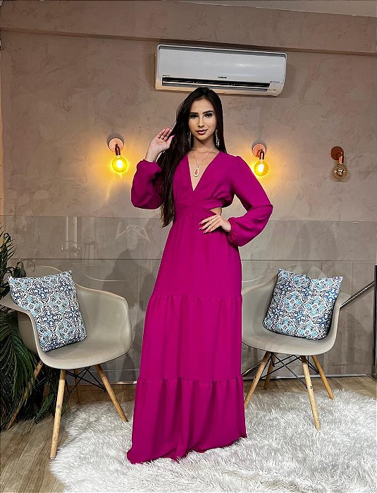 VESTIDO LONGO CREPE COM ELASTANO MANGA LONGA VAZADO CINTURA E COSTAS PINK