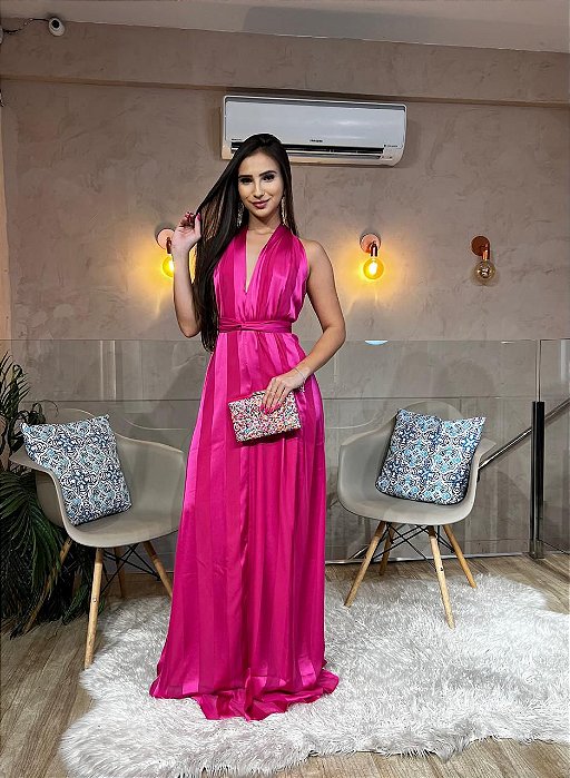 VESTIDO LONGO CHIFFON FRENTE UNICA FAIXA AMARRAÇÃO PINK