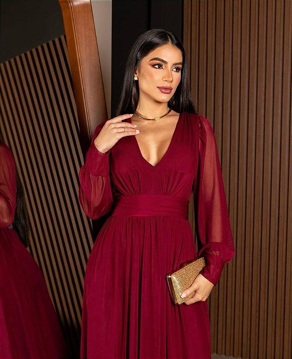 VESTIDO LONGO MICROTULE MANGA LONGA PALA BUSTO DECOTE V MARSALA