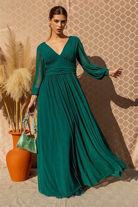 VESTIDO LONGO MICROTULE MANGA LONGA PALA BUSTO DECOTE V VERDE ESMERALDA