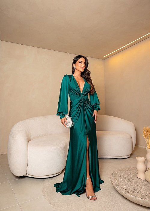 VESTIDO LONGO PRADA C/ELASTANO MANGA LONGA DETALHE DRAPEADO NO BUSTO E COSTAS FENDA VERDE ESMERALDA